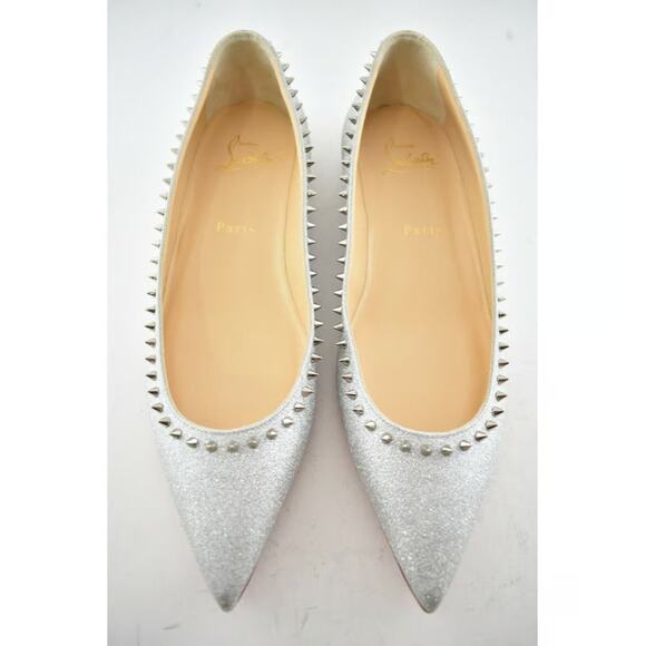 Christian Louboutin Anjalina Flat Silver Glitter Spike Pointed Ballerina 37.5 - Picture 7 of 12